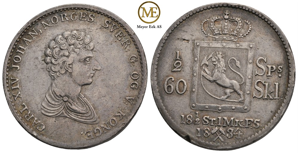 1/2 speciedaler 1834 Carl XIV Johan.  Kv.1+