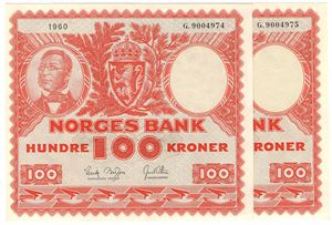 100 kroner 1960 G.9004974-75 i serie. Kv.0/01