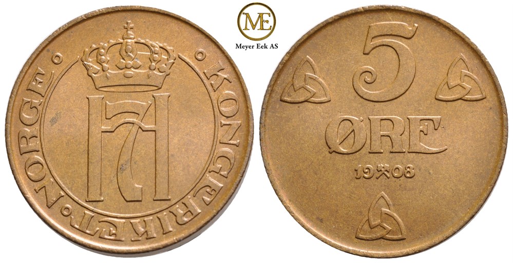 5 øre 1908 Haakon VII. Praktfullt eks. Kv.0