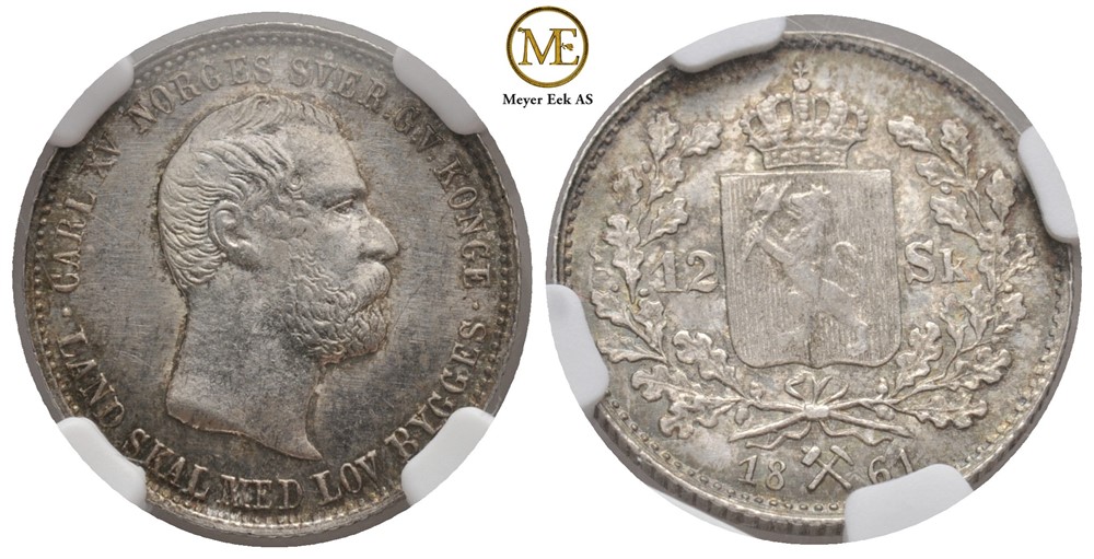 12 skilling 1861 Carl XV. NM.14. gradert til MS.64 hos NGC. Kv.0