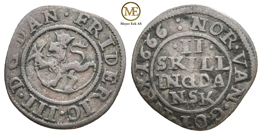 2 skilling 1666 Frederik III. Kv.1/1+