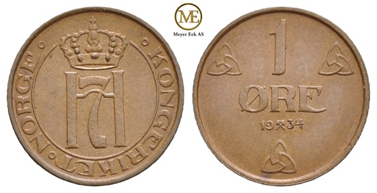1 øre 1934 Haakon VII. Kv.0