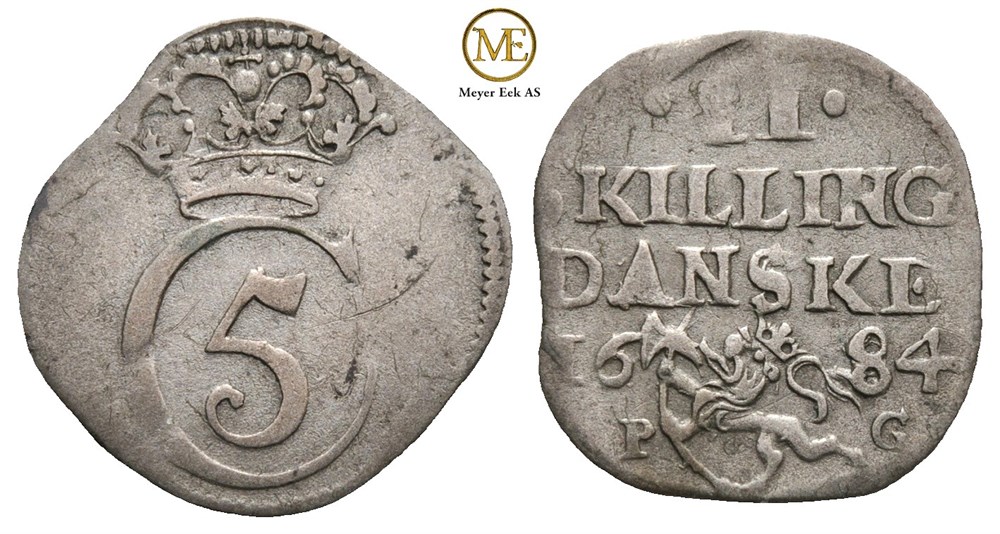 2 skilling 1684 Christian V. Kv.1+