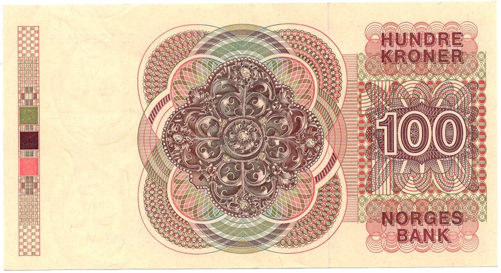 100 kroner 1988 med feiltrykk med vannmerke opp ned. Kv.1+/01