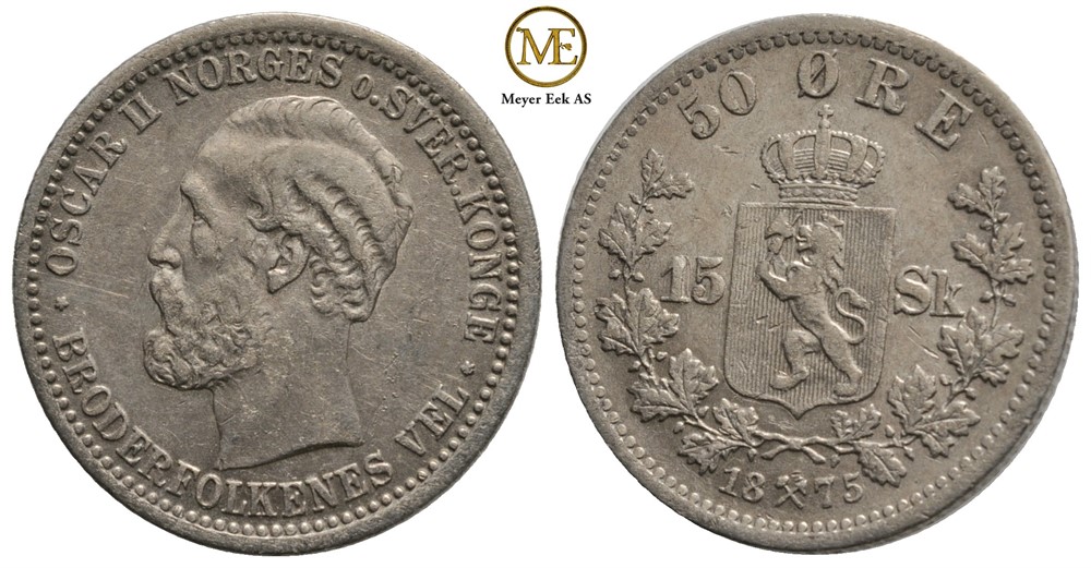 50 øre/15 sk. 1875 Oscar II. Kv.1+