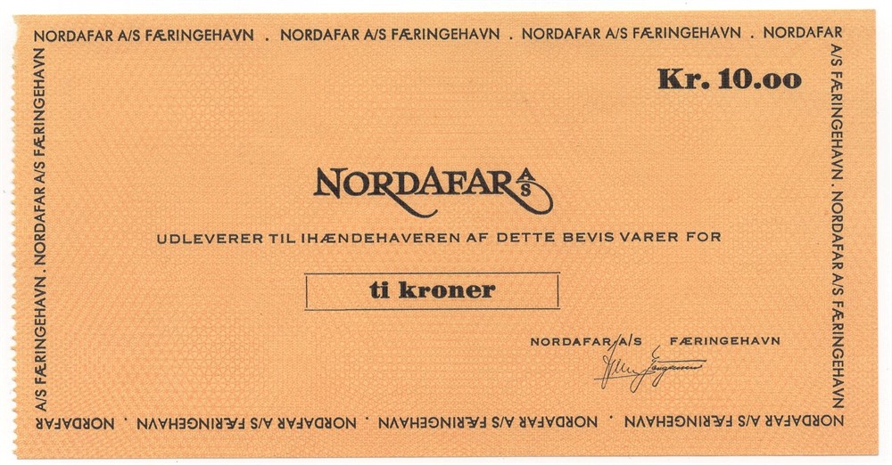 Nordafar a/s blankett 10 kroner. Færøyene. Dansk/norsk fergeselskap. Kv.0