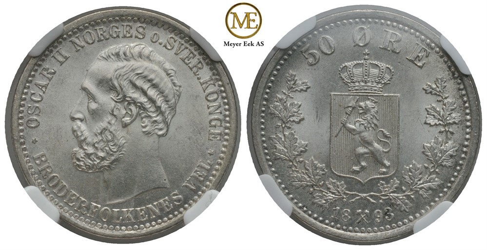 50 øre 1893 Oscar II. MS 66+. Kv.0