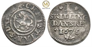 1 skilling  1675 Christian V. Kv.1+