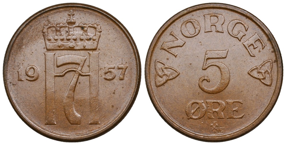 5 øre 1957 Haakon VII. Kv.0