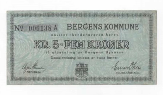 Bergen kommune 5 kroner 1940 kv. 1-