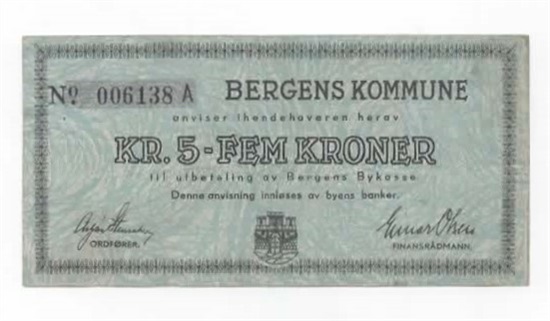 Bergen kommune 5 kroner 1940 kv. 1-