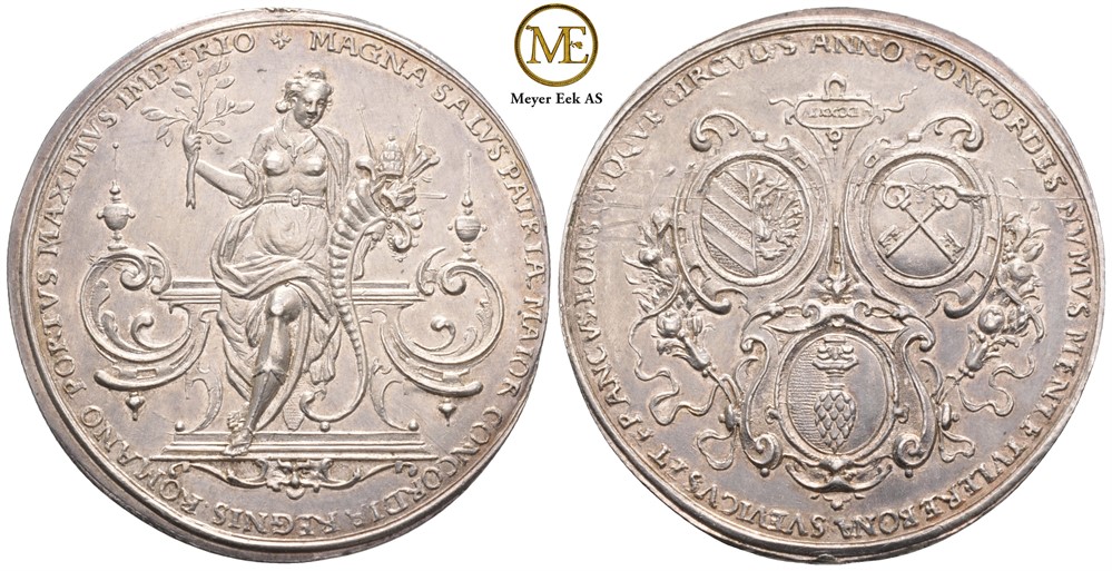 Tyskland Augsburg-Stadt 1624. Nydelig sølvmedalje i forbindelse myntkonvensjonen i de tre kretsene Bayern, Franken og Schwaben. Kv.01