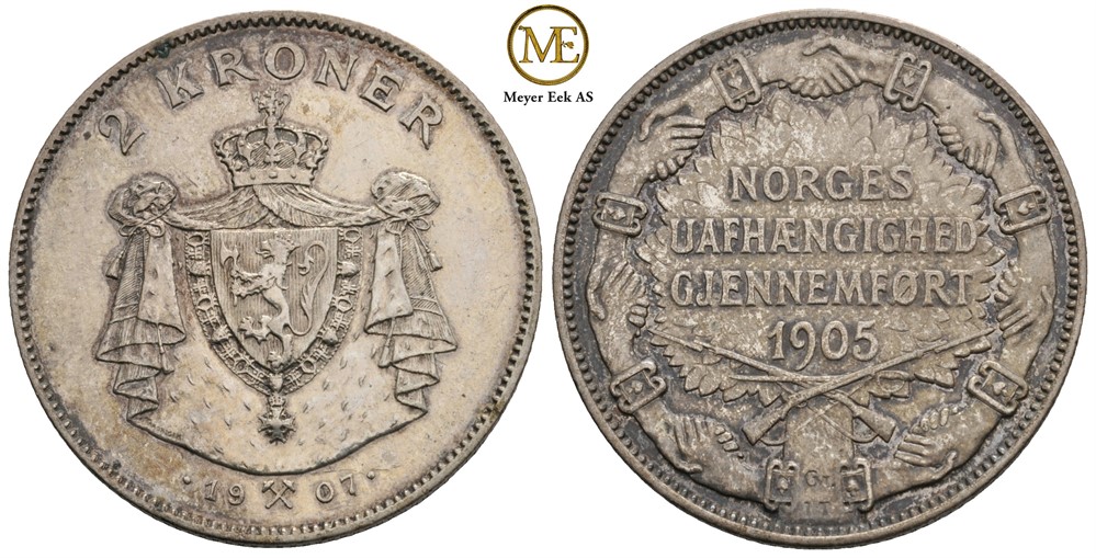 2 kroner 1907 Jub. m/gevær. Kv.1+/01