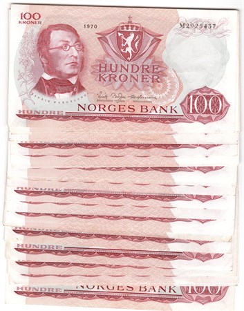 Lot. 100 kroner 1970 M, N og P. 36 stk. VK