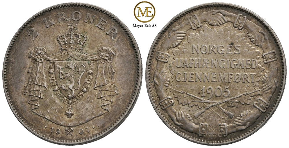2 kroner 1907 Jub. m/gevær. Kv.01