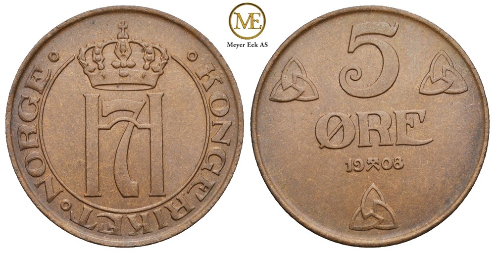5 øre 1908 Haakon VII. Kv.0