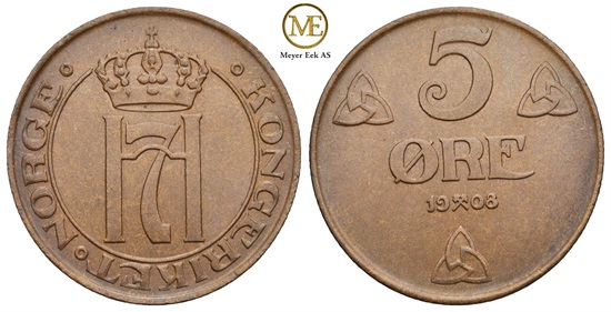5 øre 1908 Haakon VII. Kv.0