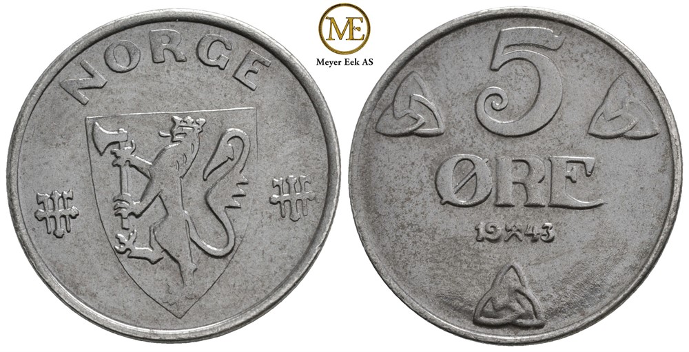 5 øre 1943 Haakon VII. Kv.0