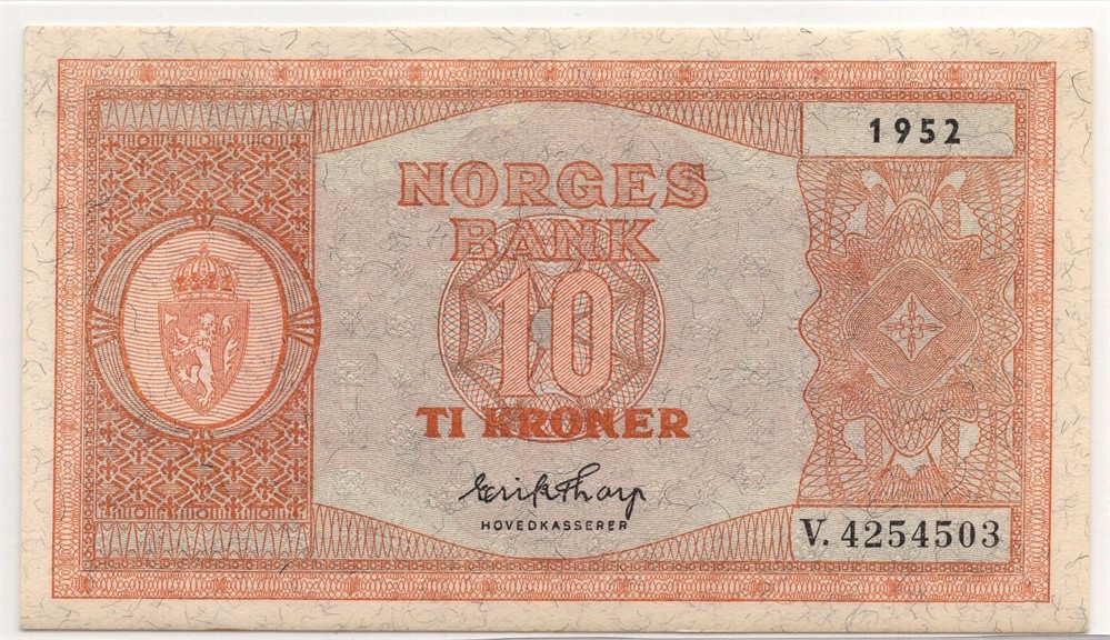 10 kroner 1952 i serie. V.4254503-04. Gradert til 64 og 65 EPQ hos PCGS. Kv.0