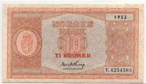 10 kroner 1952 i serie. V.4254503-04. Gradert til 64 og 65 EPQ hos PCGS. Kv.0