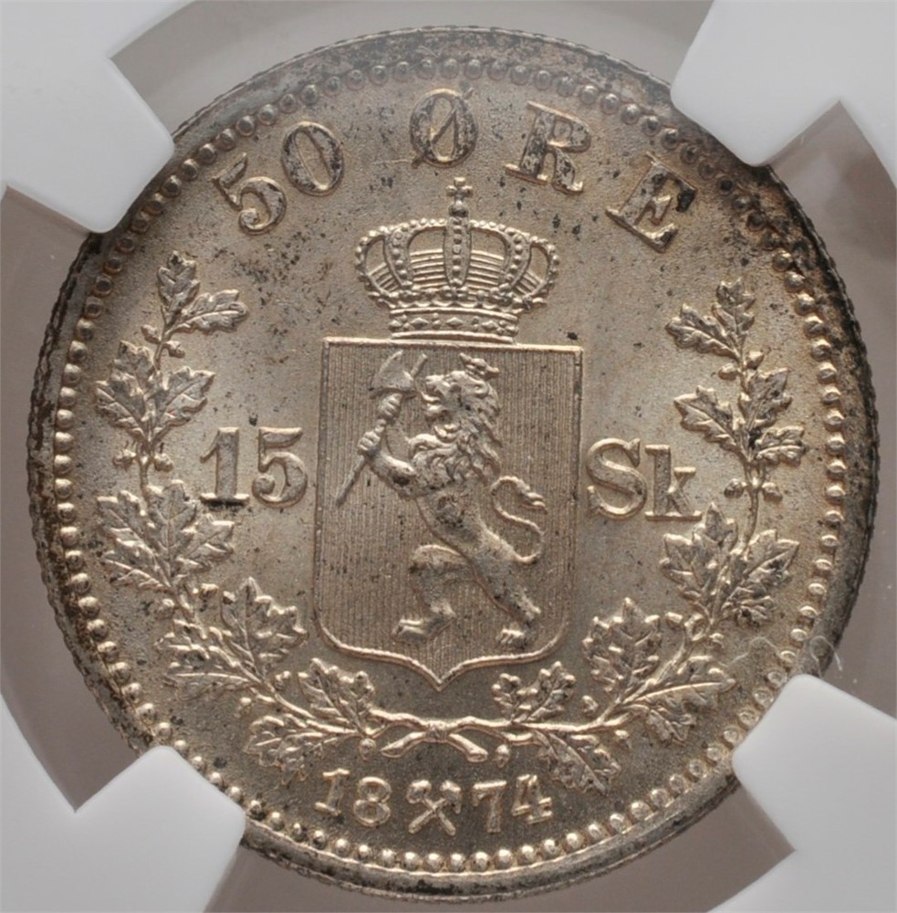 50 øre/15 skilling 1874 Oscar II. NGC MS65. Praktfullt eksemplar. Kv.0