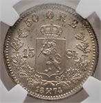 50 øre/15 skilling 1874 Oscar II. NGC MS65. Praktfullt eksemplar. Kv.0