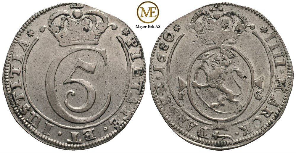 4 mark 1680 Christian V. Kv.1+