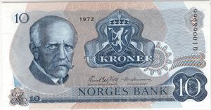 10 kroner 1972 QI erstatningsseddel. Kv.0