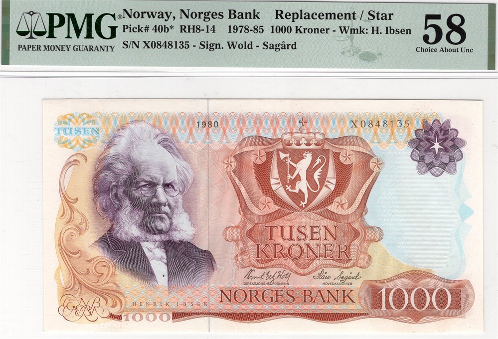 1000 kroner 1980 X.0848136 erstatningsseddel. Kv.01