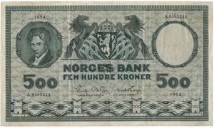 500 kroner 1954 A.0505344. Kv.1