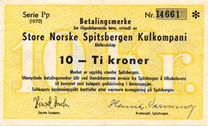 Spitsbergen Kullkompani 10 kroner betalingsmerke 1970 Pp