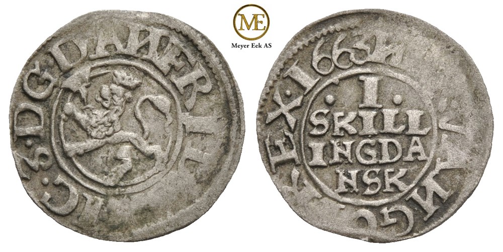 1 skilling 1663 Frederik III. Kv.1/1+