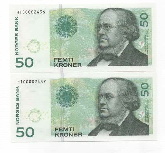 Norge 50 kroner 2008 H 1, 2 stk etter nummer kv.0