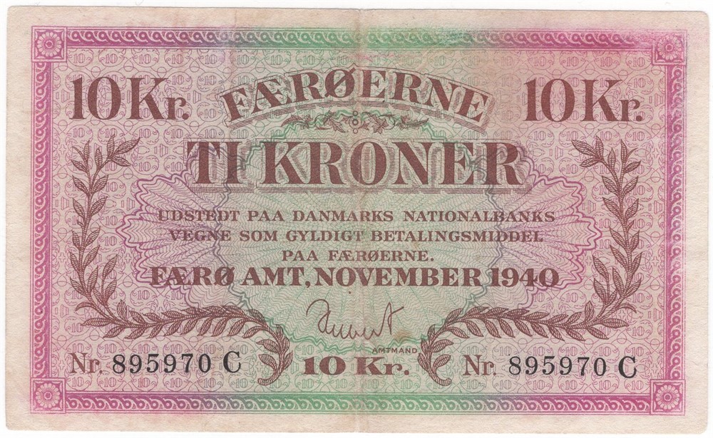 10 kroner 1940 Færøyene. Nr.895970 C. Kv.1+