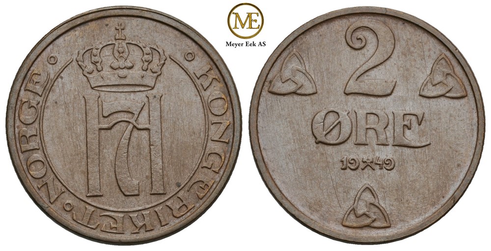 2 øre 1949 Haakon VII. Prakt eksemplar