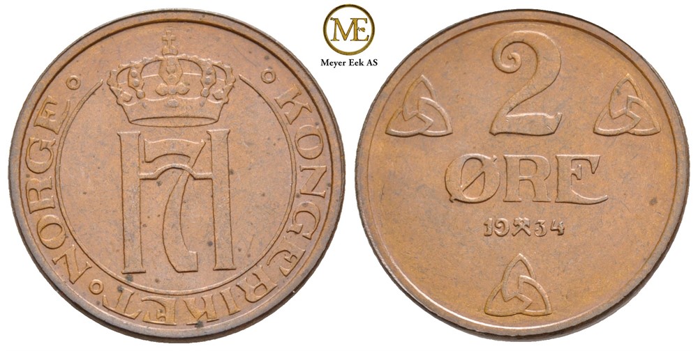 2 øre 1934 Haakon VII. Kv.0