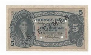 5 kroner 1944 W specimen m/seddelnr. ex. OMH 20.11.10