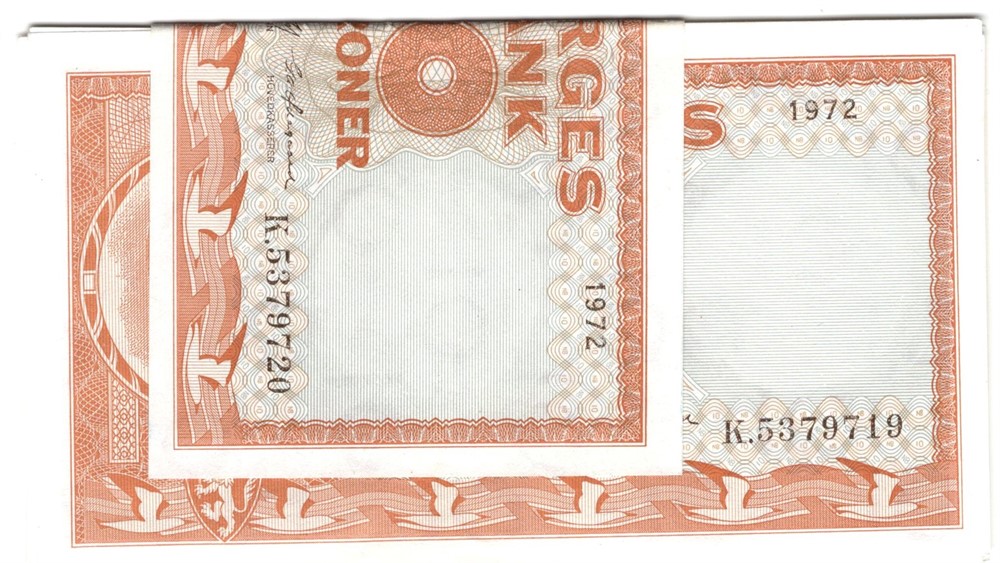 10 kroner 1972 K. i serie. 10 stk. i legg. Kv.0