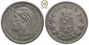 50 øre 1877 Oscar II. Kv.1+