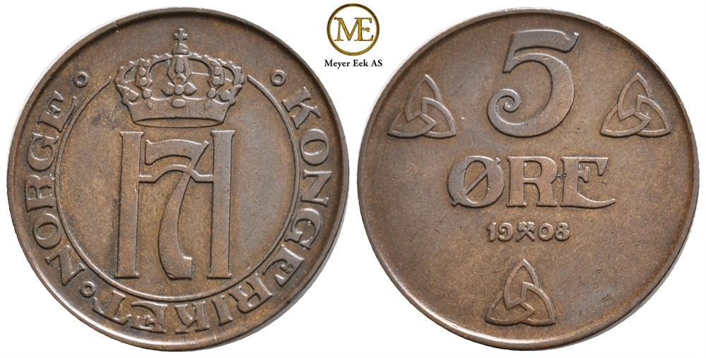 5 øre 1908 Haakon VII. Kv.01