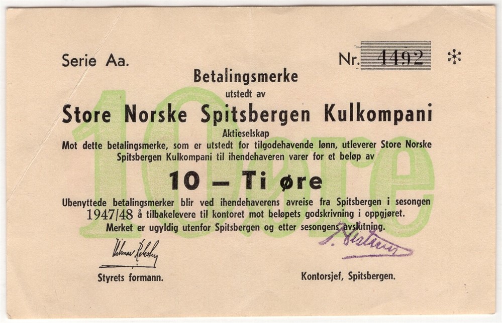 10 øre 1947/48 Serie Aa. Store Norske Spitsbergen. Kv.1+/01