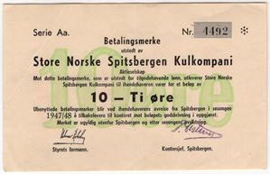 10 øre 1947/48 Serie Aa. Store Norske Spitsbergen. Kv.1+/01