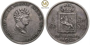 1/2 speciedaler 1827 Carl XIV Johan. Kv.1+/01