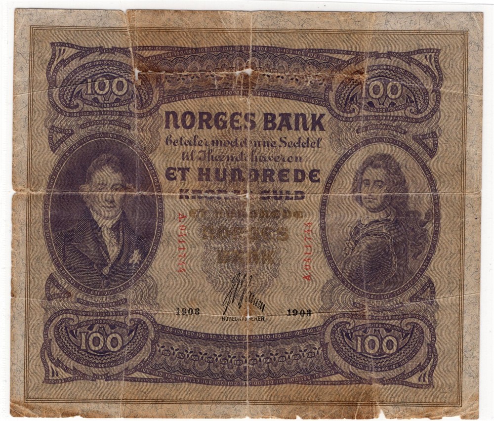 100 kroner 1903 A.0411744 RR-Sedde. Kv.1-/2