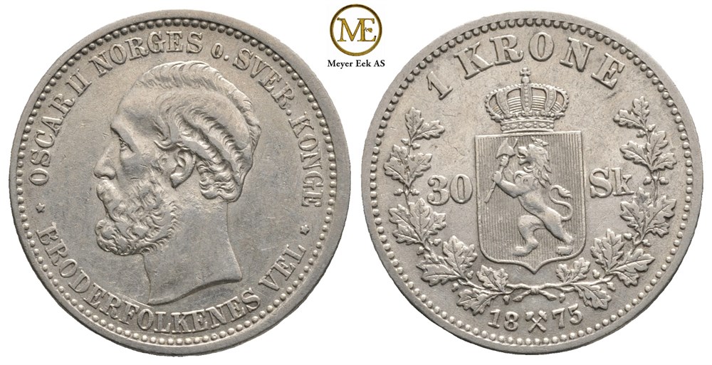 1 krone/30 skilling 1875 Oscar II. Kv.1+/01