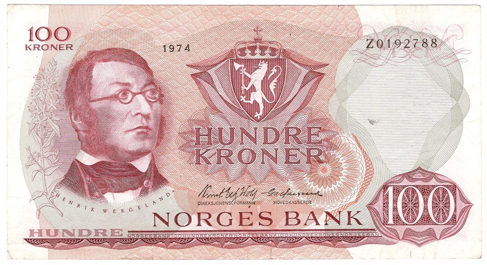 100 kroner 1974 Z.0192788. Erstatningsseddel. Kv.1