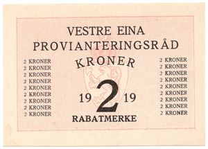 2 kroner rabattmerke. Vestre Eina Provantieringsråd 1919. Kv.0