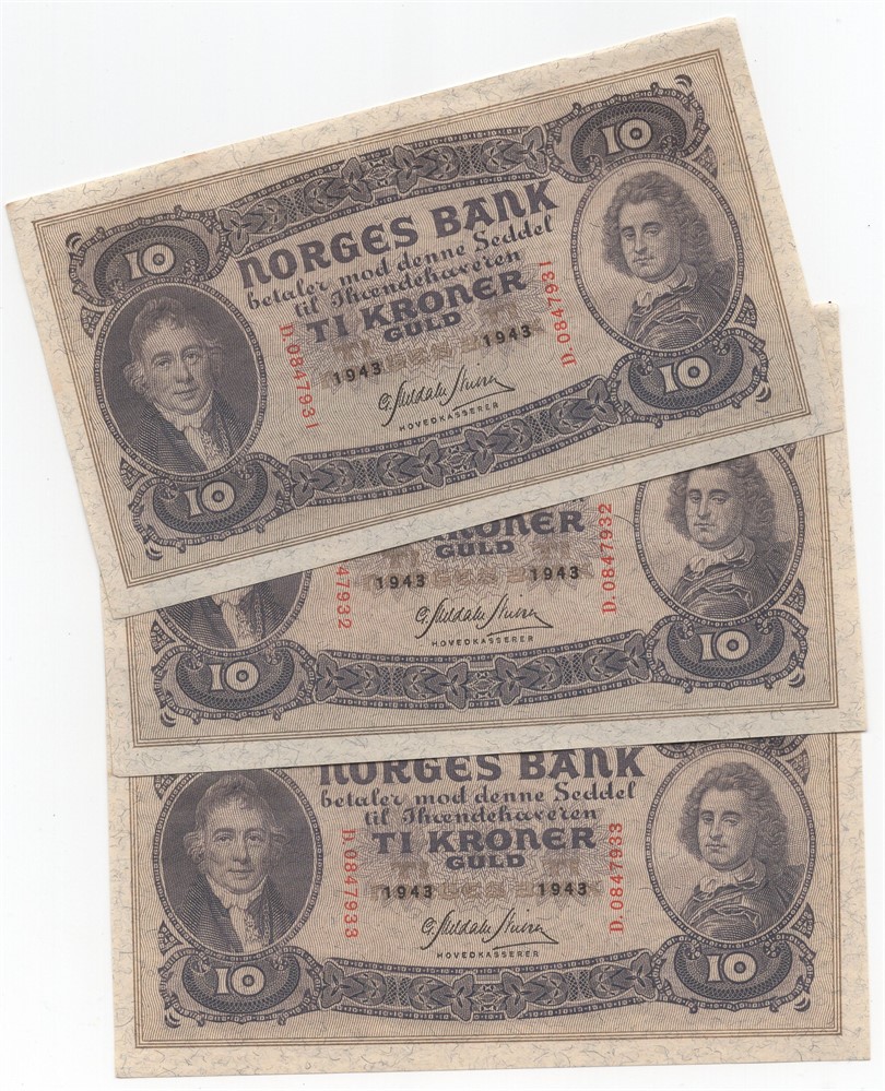 10 kroner 1943 D.0847931-33. I serie. Kv.0/01