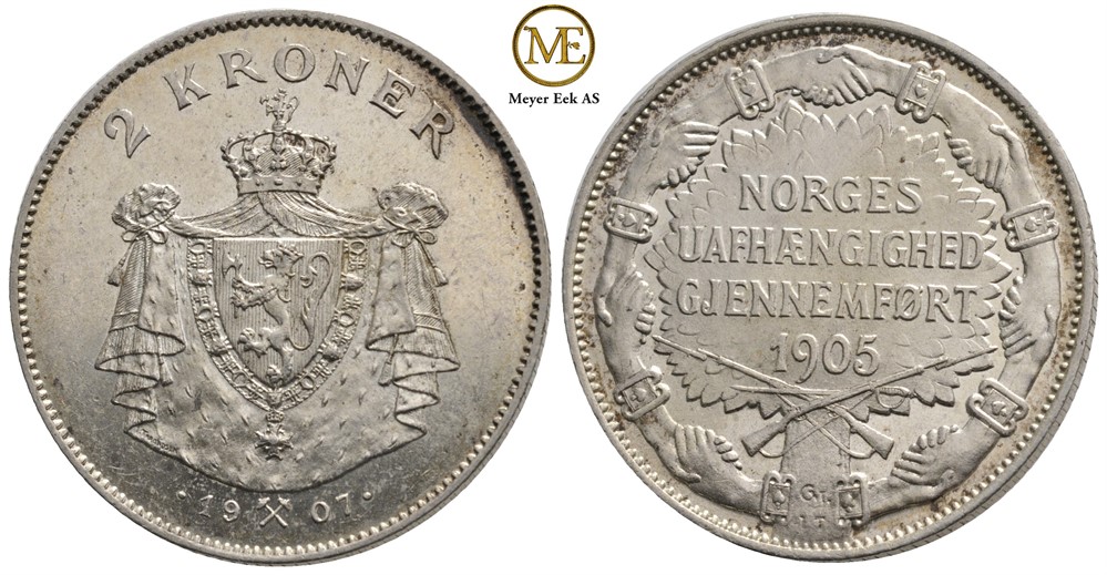 2 kroner 1907 Jub. m/gevær Haakon VII. Kv.0/01