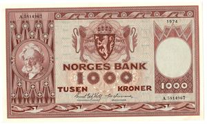 1000 kroner 1974 A.5814957. Perfekt seddel. Kv.0